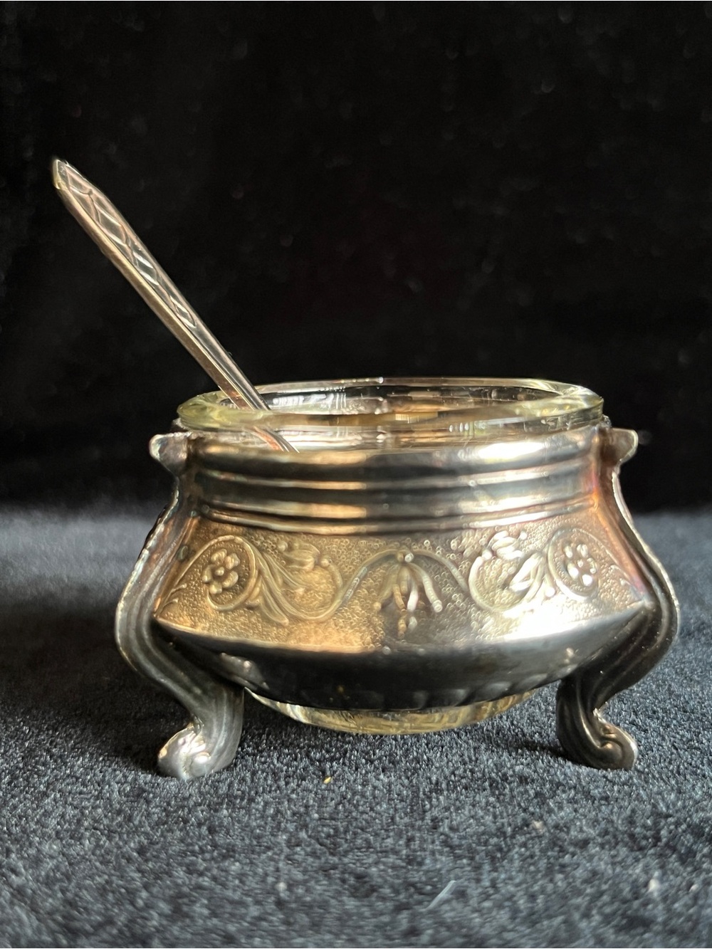 VTG Russian Silver Plate Open Salt Cellar Glass Insert Dip Mustard Pot Spoon Set